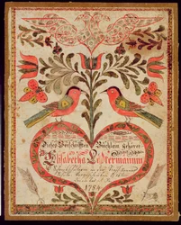 Kirjanmerkki, joka kuvaa kahta lintua ja sydäntä, 1784