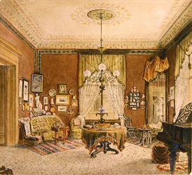 Bostonin olohuoneen sisustus, n. 1890 (akvarelli paperille)