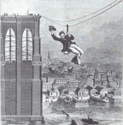Brooklyn Bridge rakenteilla; Päärakennusvalvoja Farrington ylittää ensimmäisenä kahden pilonin välisen jänteen 25. elokuuta 1876 (kaiverrus)