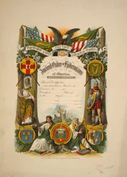 Todistus jäsenyydestä Ancient Order of Hibernians of Americassa, n. 1894 (värilitografia)