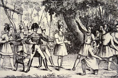 Päällikkö Tecumseh (1768-1813) uhmaa kenraali Harrisonia (1773-1841) (kaiverrus)