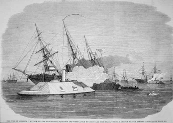 Konfederaation rautakuiset hyökkäävät liittovaltion saartolentueeseen Charlestonin edustalla, 4. huhtikuuta 1863 (litho)