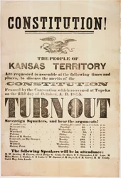 perustuslaki! Kansas Territoryn ihmisiä pyydetään kokoontumaan..., painanut E. C. K. Garvey & Co., noin 23. lokakuuta 1855