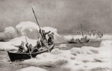 Elisha Kent Kane, The Second Grinnell Expedition 1853 johtaja, etsimässä kapteeni Sir John Franklinin kadonnutta retkikuntaa arktisilla alueilla, kirjasta The History of Our Country, julkaistu 1905 (litho)
