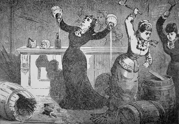 Anti-Saloon Leaguen naisjäsenet murskaavat sedanin Fredericktownissa Ohiossa "Police Gazettesta"
