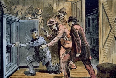 Frank ja Jesse James Gang ryöstävät junan pikaauton vuonna 1879 (värilitho)