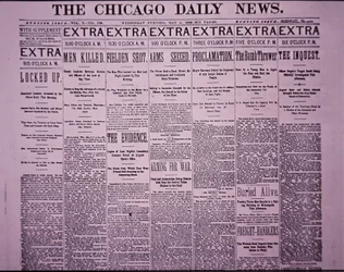 Chicago Daily Newsin etusivu, joka raportoi Chicagon Haymarket Labor Riotista, 5. toukokuuta 1886 (sanomalehtipaperi)