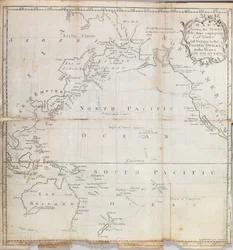 Etukappalekartta John Ledyardin "A Journal of Captain Cookin viimeisellä matkalla Tyynellemerelle ja etsimässä luoteisreittiä Aasian ja Amerikan välillä" julkaisusta, 1783