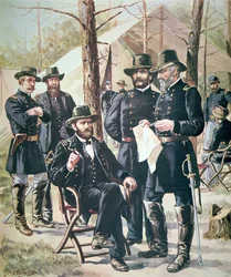 Kenraali Ulysses Simpson Grant, unionin joukkojen komentaja Shilohin taistelussa 6.-7. huhtikuuta 1862 (väri litho)