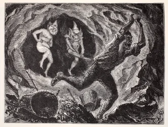 Tontut pelottelevat kaivostyöläistä, Thomas Keightleyn (1789-1872) teoksesta The World Guide to Gnomes, Fairies, Elves and Other Little People, julkaistu 1880