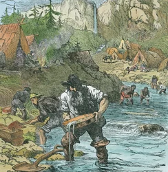 Gold Washing Kaliforniassa, kirjapubista. 1896 (käsinvärinen kaiverrus)