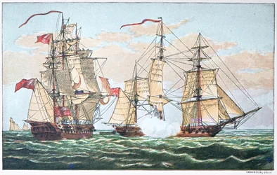 HMS Shannon vs amerikkalainen Chesapeake vuonna 1813 sodan 1812 aikana (väri litho)
