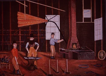 John Mohler Studebaker (keskellä), saksalais-amerikkalainen vaunujen valmistaja työpajassa, n. 1858 (väri litho)