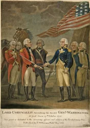 Lordi Cornwallis luovuttaa miekkansa kenraalille. Washington York Townissa