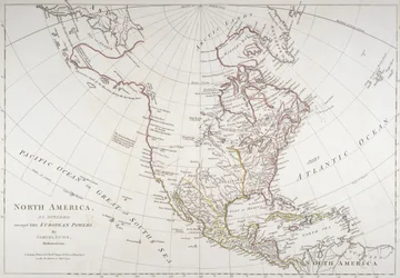 Kartta, joka esittää Pohjois-Amerikan Euroopan valtojen jakamana, 1774