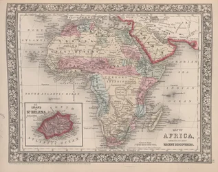 Afrikan kartta, jossa näkyy sen viimeisimmät löydöt St. Helenan saarella, Mitchellsin uudesta yleiskartasta vuodelta 1863 (värikaiverrus)