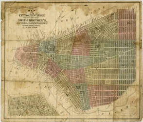 New Yorkin kaupungin kartta: valmistettu nimenomaan Smith Brotherille, yksihintainen vaatevarasto... laatinut J.H. Colton & Co., 1854-1869 (musta ja värillinen muste paperille)