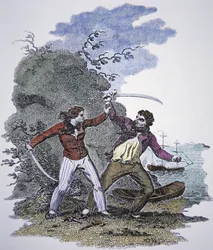 Mary Read taistelee toista merirosvoa vastaan pelastaakseen miespuolisen rakastajansa hengen (värillinen kaiverrus)