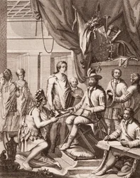 Montezuma luovuttaa valtakuntansa Espanjan kuninkaalle, antaa hänelle kunnianosoituksen ja vannoi tottelevaisuuttaan, Antonio de Solis y Rivadeneira Solis: Meksikon valloituksen historia, Ximenon kaivertama