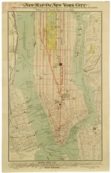 Uusi kartta New Yorkista uusimmista tutkimuksista, jossa näkyvät kaikki lautat ja höyrylaivat, kohotetut, sähköiset metrolinjat [sic] ja kaupunkiautot.