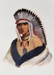 Petalesharro, Pawnee Brave, kuvitus teoksesta "The Indian Tribes of North America, Vol.1", Thomas L. McKenney ja James Hall, pub. Kirjailija: John Grant (väri litho)