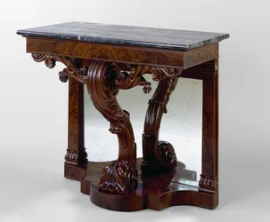 Pier Table, c. 1825-1830 (mahonki; kirsikka, tulppaanipopeli, marmori, peililasi)