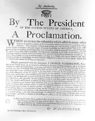 Presidentti George Washingtonin (1732-1799) julistus erottaa torstai 19. helmikuuta julkisen kiitospäivän ja rukouksen päiväksi, 1795 (sanomalehtipaperi)