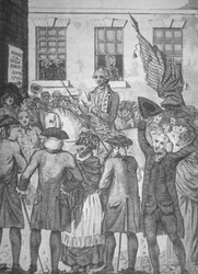 Itsenäisyysjulistuksen lukeminen yleisölle vuonna 1776 (litho)