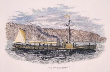 Robert Fultonin (1765-1815) Clermont-höyrylaiva Hudson-joella, New Yorkissa