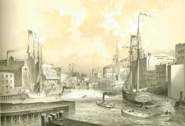Rush Street Bridge, Näkymä State Streetiltä, Chicago Illustrated, James W. Sheahanin kirjalliset kuvaukset, julkaisija Jevne & Almini, Chicago, 1866-67