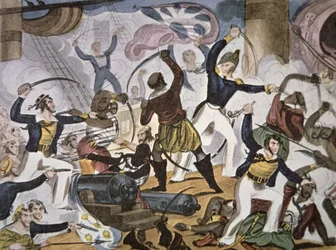 Kuninkaallisen laivaston merimiehet nousevat Algerinan merirosvolaivaan, n. 1820 (väri litho)