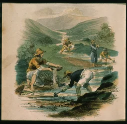 Kohtaus Sacramenton haarasta vuonna 1597, kuvitus Kaliforniasta, sen menneisyydestä, nykyisestä asemasta ja tulevaisuuden näkymistä G.A. Fleming, 1850