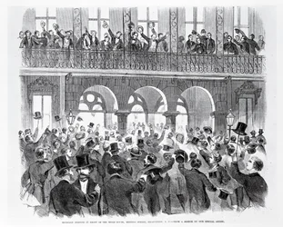 Secession Meeting in Front of the Mills House, Meeting Street, Charleston, South Carolina, n. 1860 (kaiverrus) (m/v kuva)