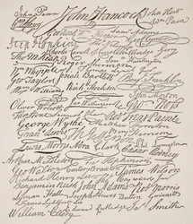 Allekirjoituksia itsenäisyysjulistukseen, 1776, kuvitus Cassells Illustrated History of Englandista (seepiakuva)