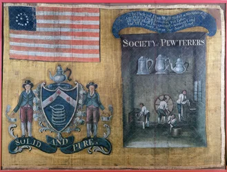 New York Cityn tinalaisten yhdistyksen silkkilippu, kannettuna liittovaltion kulkueessa, 23. heinäkuuta 1788 (tekstiili)
