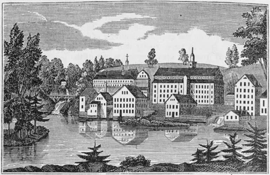 Kaakkoisnäkymä Yantic Fallsin tehtaista, Norwich, "Connecticut Historical Collections" -kokoelmasta, John Warner Barber, 1856