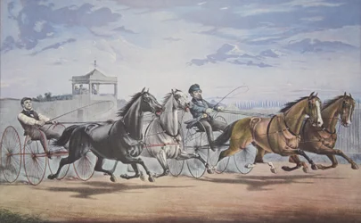 Stella ja Alice Gray - Lantern ja Whalebone, Passing the Stand (heidän mahtavassa ottelussaan in Double Harness over the Union Course L.I. 5. kesäkuuta 1855), pub. 1855, Currier & Ives