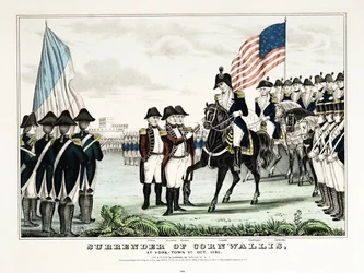 Cornwallisin antautuminen York Townissa, VA:ssa, lokakuussa 1781, pub. Currier  Ives