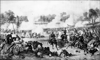 The Battle of the Wilderness, Virginia, 5. ja 6. toukokuuta 1864, pub. kirjoittanut Currier und Ives (kaiverrus) (bundw photo)