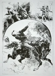 The Dalton Gang, jonka Coffeyvillen raivokkaat kansalaiset ampuivat alas "National Police Gazette" -lehdestä, 5. lokakuuta 1892 (kaiverrus)