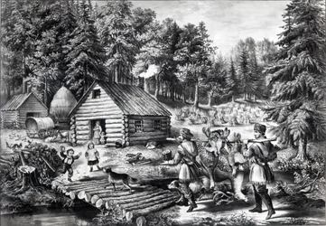 Pioneerin koti länsirajalla, pubi. Currier und Ives, 1867