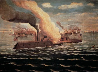 USS "Monitor" taistelee CSS "Merrimackia" vastaan Hampton Roadsin taistelussa Yhdysvaltain sisällissodan aikana, 9. maaliskuuta 1862 (väri litho)