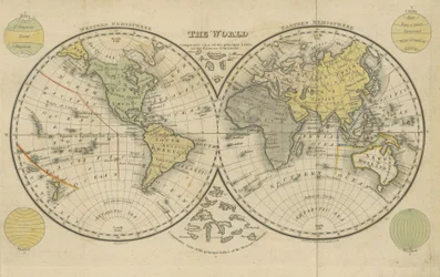 The World, kuva otettu Boston School Atlas -julkaisun sivulta 17. Alkuainemaantiede ja tähtitiede jne. (neljäs painos.) [Kartat, selittävä teksti.]