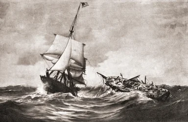 HMS Frolicin vangitseminen sodankäynnin USS Waspin toimesta, merivoimien toiminta, joka taisteli Atlantilla 18. lokakuuta 1812, vuoden 1812 sodan aikana, "Maamme historiasta", julkaistu 1905 (litho)