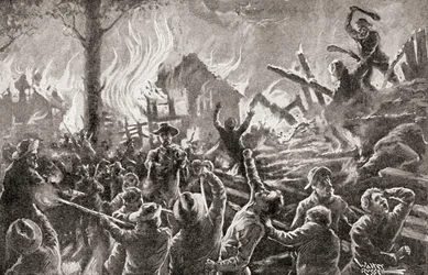 Kansasin sisällissota eli Bleeding Kansas, Bloody Kansas tai Border War, The History of Our Country, julkaistu 1905 (litho)