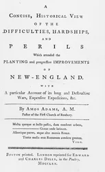 Otsikkosivu tiiviiseen, historialliseen näkemykseen vaikeuksista, vaikeuksista ja vaaroista, jotka osallistuivat Uuden Englannin istutus- ja edistysparannuksiin, 1770 (painettu paperi)