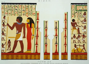 Hauta 24, hautakammio nro 2, Gizehistä, osa II, levy XV muinaisesta Egyptistä, Samuel Augustus Binion, julkaistu 1887 (sävytetty kromolito)