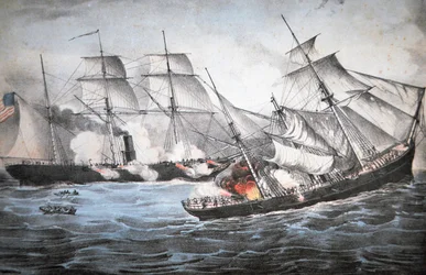 US Sloop "Kearsage" upottaa Confederate Raider "Alabaman" Cherbourgin edustalla