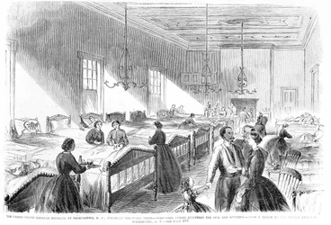 Vapaaehtoiset sairaanhoitajat hoitamassa sairaita Yhdysvaltain yleissairaalassa Georgetownissa, Frank Leslies Illustrated Newspaperista, 6. heinäkuuta 1861