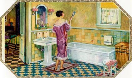 Nainen seisoo art deco -kylpyhuoneessa